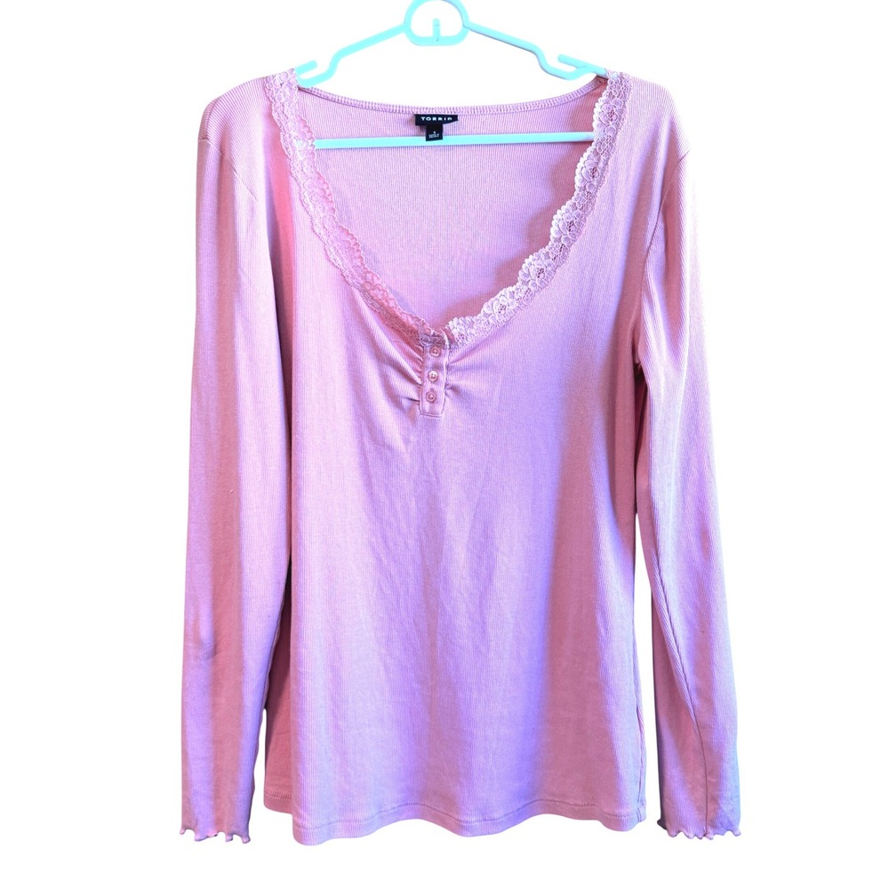 Torrid Pink Ribbed Lace Trim Henley‎ Long Sleeve Top Plus Size 1 1X, Fits M/L - Picture 2 of 10